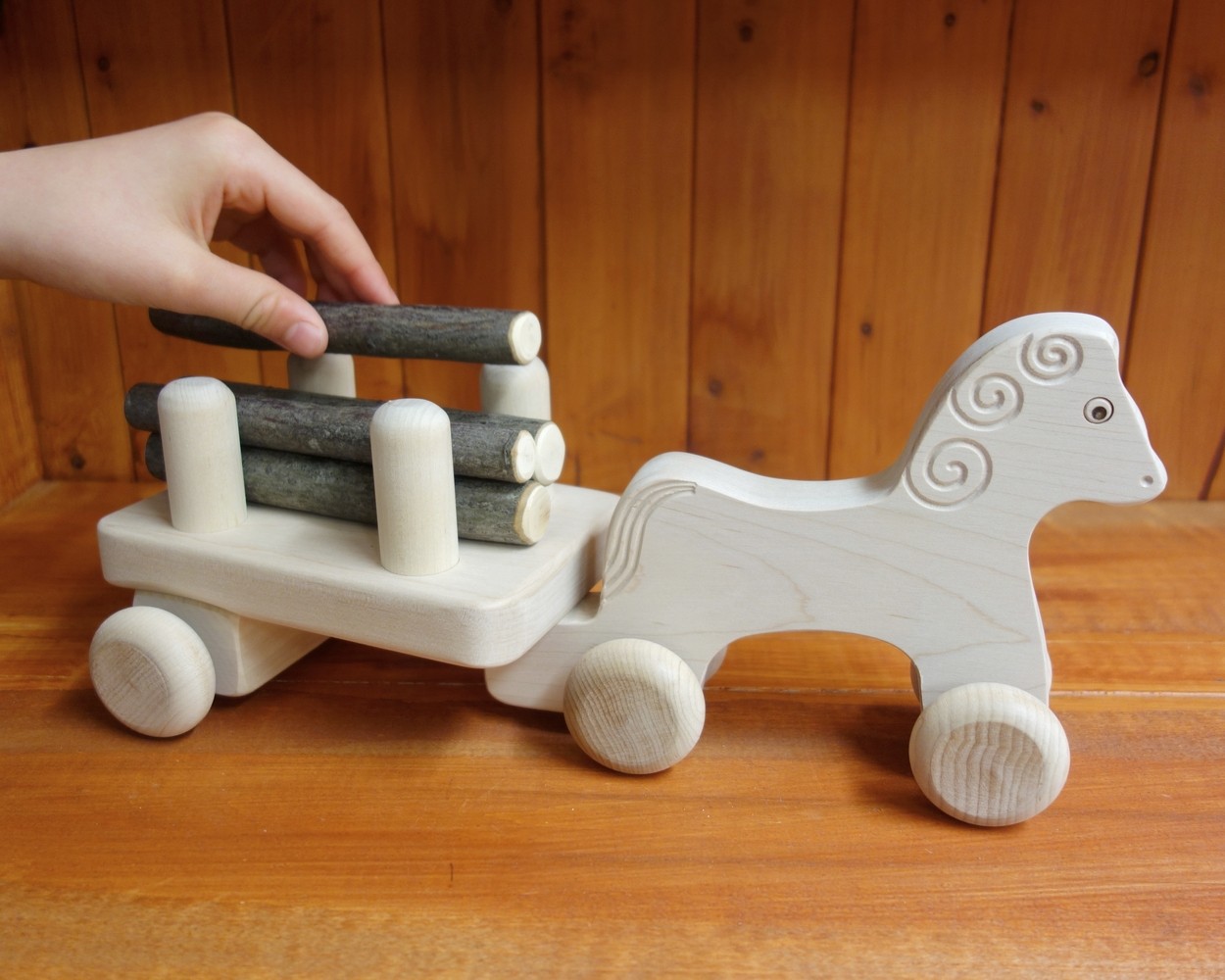 Handmade Wooden Horse with its Log Trailer