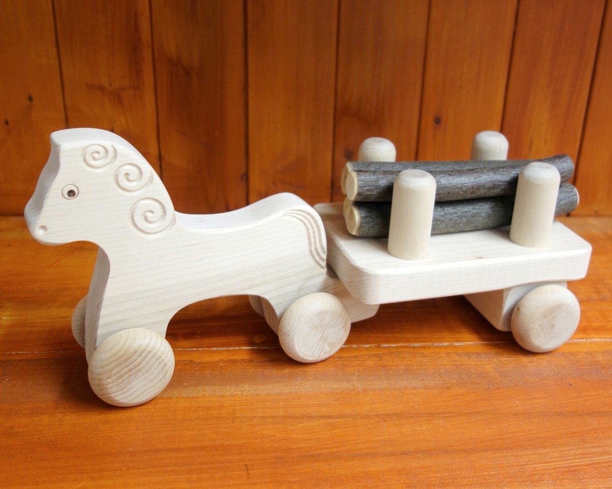 Handmade Wooden Horse with its Log Trailer