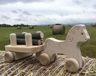 Handmade Wooden Horse with its Log Trailer